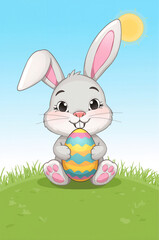 Fototapeta premium Cute bunny holds colorful Easter egg
