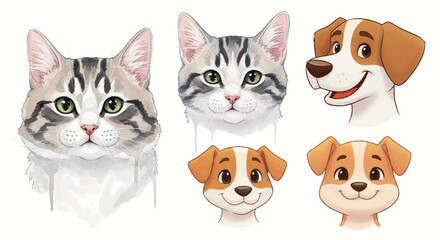 Fototapeta premium Cute cat and dog faces in playful digital illustrations