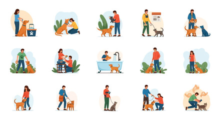Fototapeta premium People interacting with dogs in various playful and caring moments