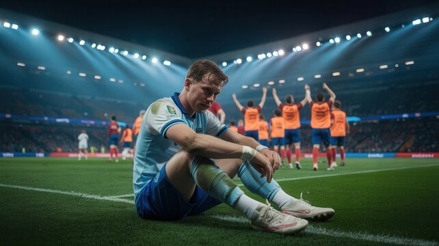 Sad soccer player sitting on field, defeated team in background, stadium lights shining bright