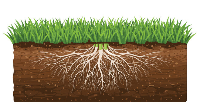 A detailed cross-section of dark brown soil with lush green grass and an extensive white root system is displayed on a white background.