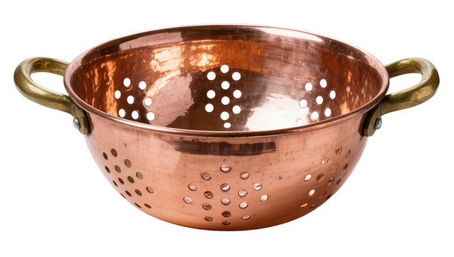 Hammered copper colander with brass handles, isolated on transparent background