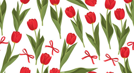 Obraz premium Festive seamless pattern with bright red tulips on green stems and decorative red ribbons scattered over a white background.