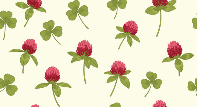 Red clover flower and green leaf seamless pattern on light background for natural textile or herbal medicine themes.