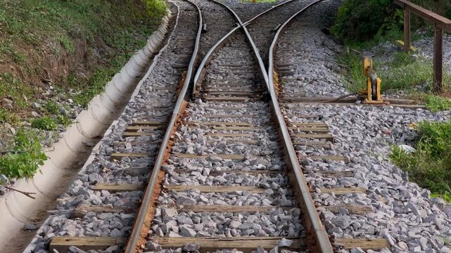 Railway switch reveals a Y track junction as the camera moves forward along the rails and ballast.