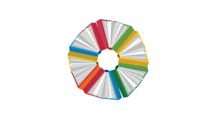 Obraz premium A circular arrangement of open, colorful books forms an 'O' shape with visible pages on a white background.