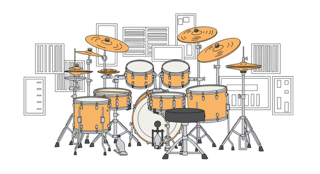 A detailed illustration of a full drum kit with a stool and various cymbals is set against a background of outlined rectangular shapes.