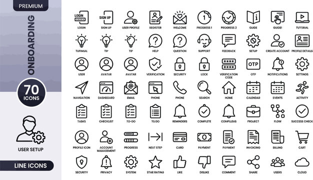 A comprehensive collection of premium onboarding icons for user setup and interface design Ai, eps, jpg, transparent background, eps