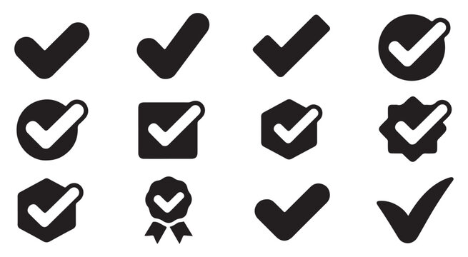 Set of solid check mark icons in various styles and shapes for confirmation or completion vector