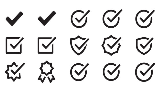 Various check mark icons and symbols signifying approval and verification in diverse styles