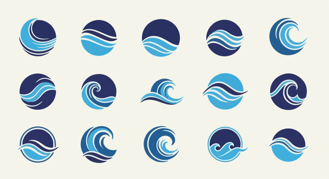Collection of fifteen circular wave logos in various abstract styles and shades of blue
