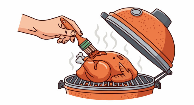Hand bastes juicy rotisserie chicken on an open grill with steam rising