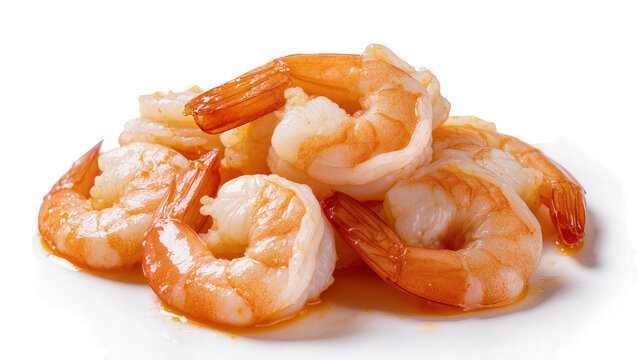 Cooked pink shrimp pile glistening with oil, isolated on transparent background