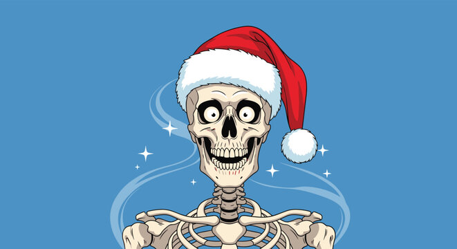 Funny skeleton character wearing a red Santa Claus hat against blue background with sparkles for Christmas humor and festive celebration.