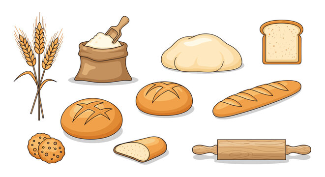 Assorted bakery products including bread loaves baguette buns flour sack wheat stalks and rolling pin isolated on white background for shop.