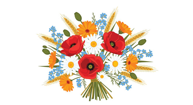 Beautiful bouquet of wildflowers including red poppies white daisies blue cornflowers and wheat stalks isolated on white background for gift.