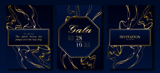 Elegant gala invitations set with abstract gold pattern, decorative frame on blue background. Vector realistic illustration of VIP card with shiny lines, premium border design for celebration © klyaksun