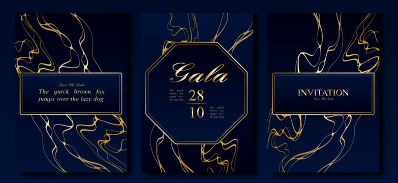 Elegant gala invitations set with abstract gold pattern, decorative frame on blue background. Vector realistic illustration of VIP card with shiny lines, premium border design for celebration