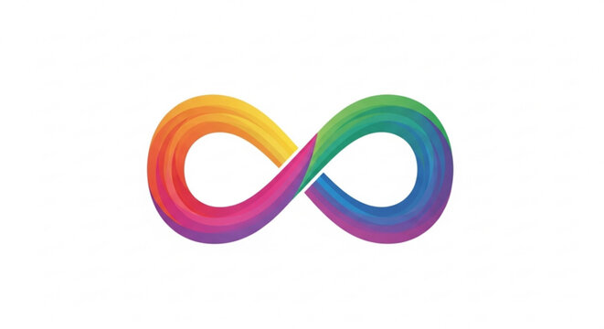 Vibrant rainbow infinity symbol on white background representing diversity and eternity