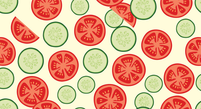 Fresh vegetable seamless pattern with bright red tomato slices and green cucumber slices on a light cream background.