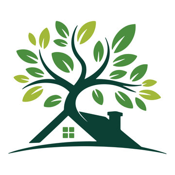 A stylized tree with a house formed by its roots and trunk