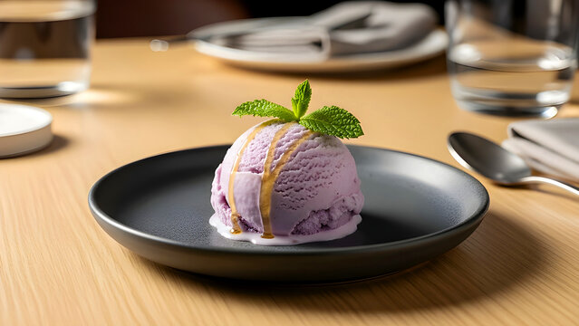 Purple Taro Ice Cream Scoop with Mint Leaf on Minimal Plate &mdash; Es Krim Talas Ungu dengan Daun Mint di Piring Minimalis