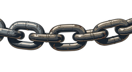 Obraz premium A close-up, horizontal view displays a heavy, dark gray metal chain with six visible, interconnected links showing signs of rust and wear against a plain white background.