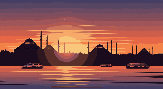 Pixel art silhouette of mosques and boats at sunset over water