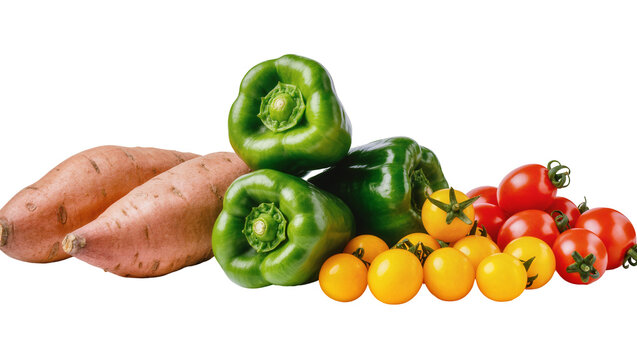 Two sweet potatoes green bell peppers cherry tomatoes and yellow cherry tomatoes, isolated on transparent background