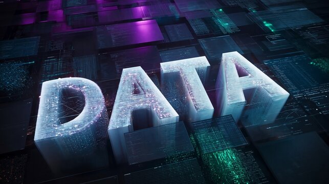3D representation of the word DATA illuminated with glowing effects on a digital background featuring abstract patterns and circuits in shades of blue and purple