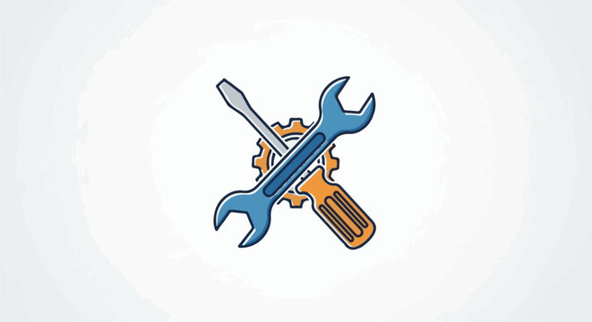 Crossed wrench and screwdriver with gear symbol on white background