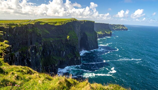 A rugged cliffside meets the vast blue ocean under a cloudy sky