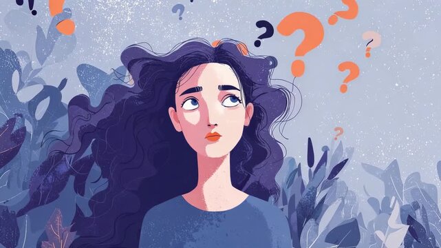 Simple flat surreal illustration of a woman with question marks emerging from her head, symbolizing mental health, confusion, choices, and deep thinking