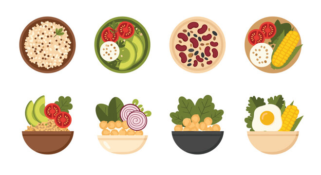 Eight distinct bowls of healthy food, featuring various ingredients like quinoa, avocado, and chickpeas, are arranged on a white background from a top-down view.