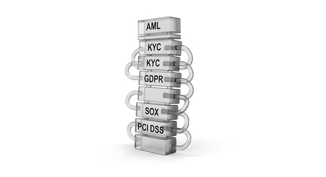 A conceptual 3d illustration showing a vertical stack of glass blocks representing compliance