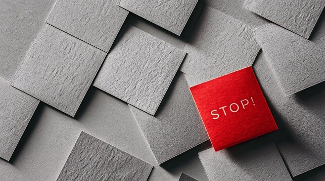 Red square with the word STOP! placed among gray textured squares, creating a striking visual contrast on a flat surface
