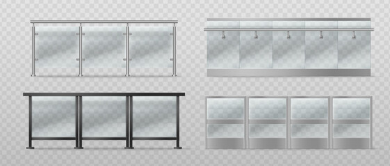 Obraz premium Modern glass balcony railing with black and silver metal frame and transparent panels, realistic 3D vector illustrations isolated on background. Balustrade for terrace, office building or pool barrier