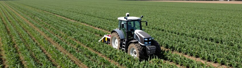 Obraz premium Farming action tractor cultivating crops in vast fields agriculture environment aerial view productivity concept