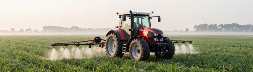 Obraz premium Tractor spraying pesticides agricultural field photography early morning wide angle sustainable farming practices