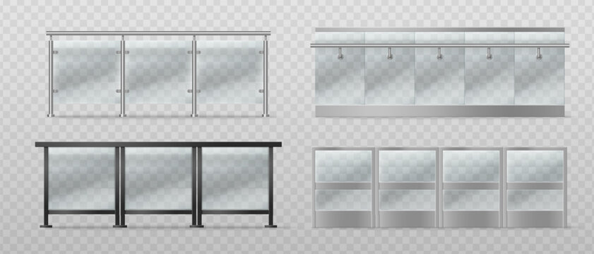 Modern glass balcony railing with black and silver metal frame and transparent panels, realistic 3D vector illustrations isolated on background. Balustrade for terrace, office building or pool barrier