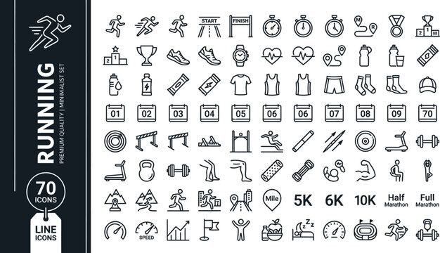 A collection of line icons depicting various running and fitness related symbols and objects Ai, eps, jpg, transparent background, eps