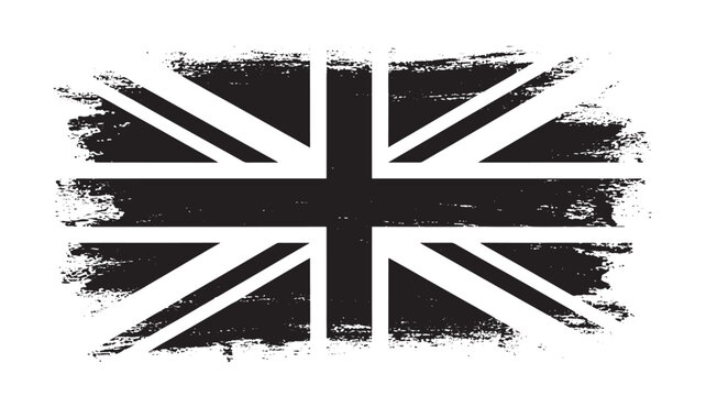 Union Jack flag with distressed brush stroke texture in monochrome black and white. featuring United Kingdom, Great Britain, grunge with textured and