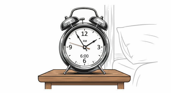 Retro alarm clock on a wooden table, beside a pillow and curtain