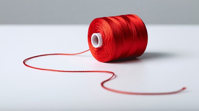 Red sewing thread spool with a long, coiled strand extending across a clean, white surface, showcasing the texture and sheen of the material