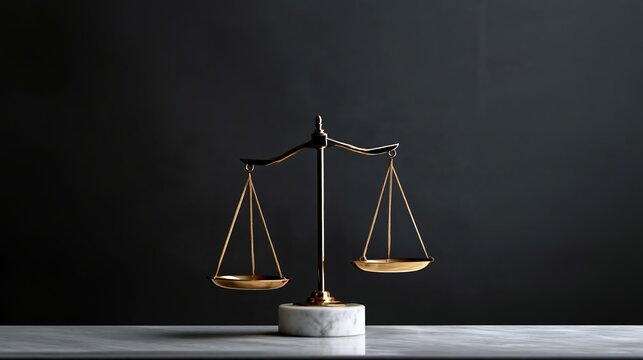 Brass balance scale with two pans positioned evenly on a marble base against a dark background, symbolizing justice and equality in a minimalist setting