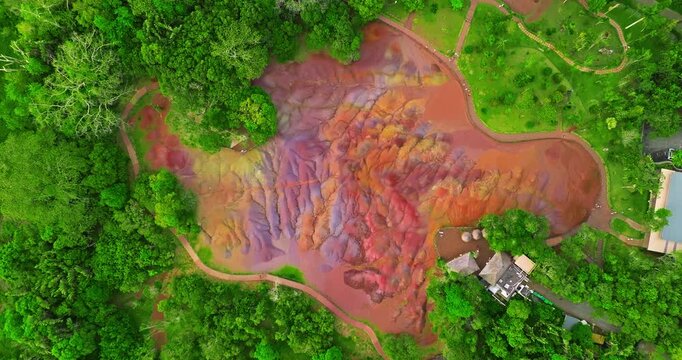 Aerial view of seven coloured earths on island Mauritius. Tourist attraction on island Mauritius