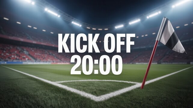 Soccer field corner with flag and kick off time at night stadium