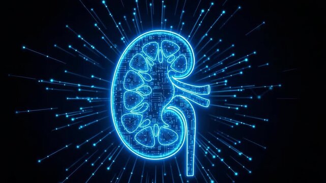 Neon Glowing Kidney Organ Illustration Digitally Enhanced Artwork Displays Circuit-style Internal Organ With Interconnecting Nodes Dark Blue Background Great For Medical Scientific P