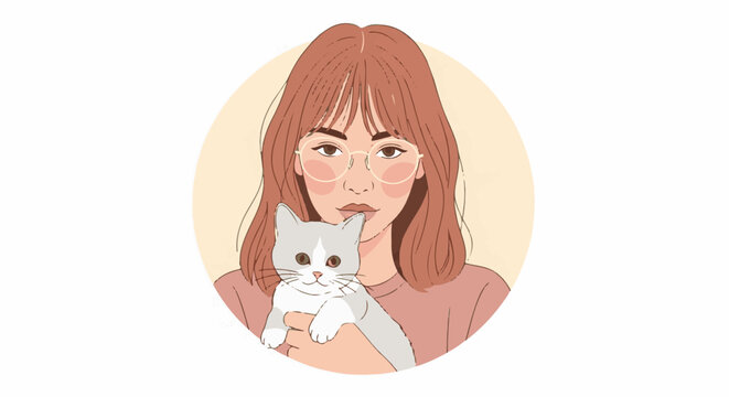 Gentle illustration of a young woman with glasses holding a cat