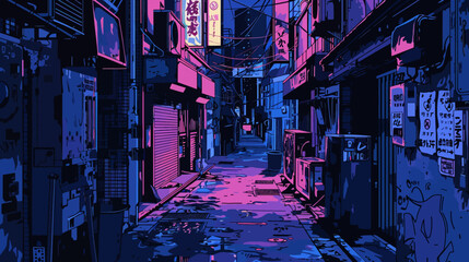 Neon alleyway illustration urban scene with futuristic aesthetic and lights © Mangku